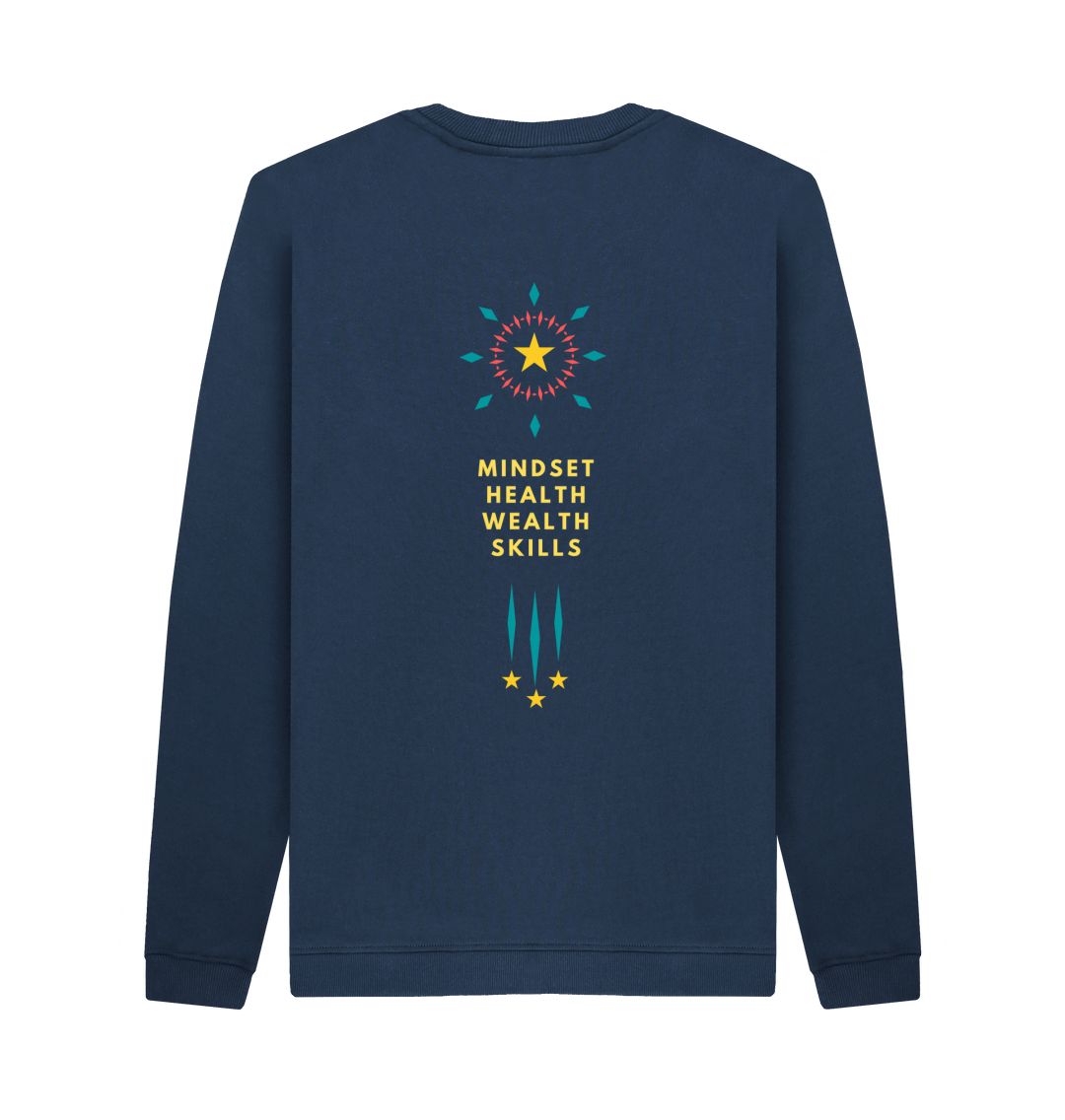 Navy Blue Mindset Health, Wealth, skills front and back design sweater