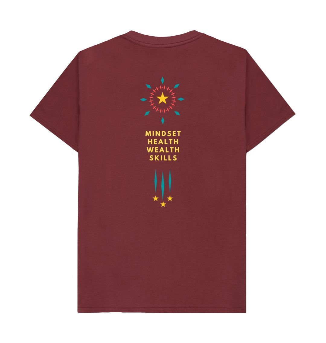 Red Wine Mindset collection - Health, Wealth, Skills front and back design - Organic Mans T-shirt