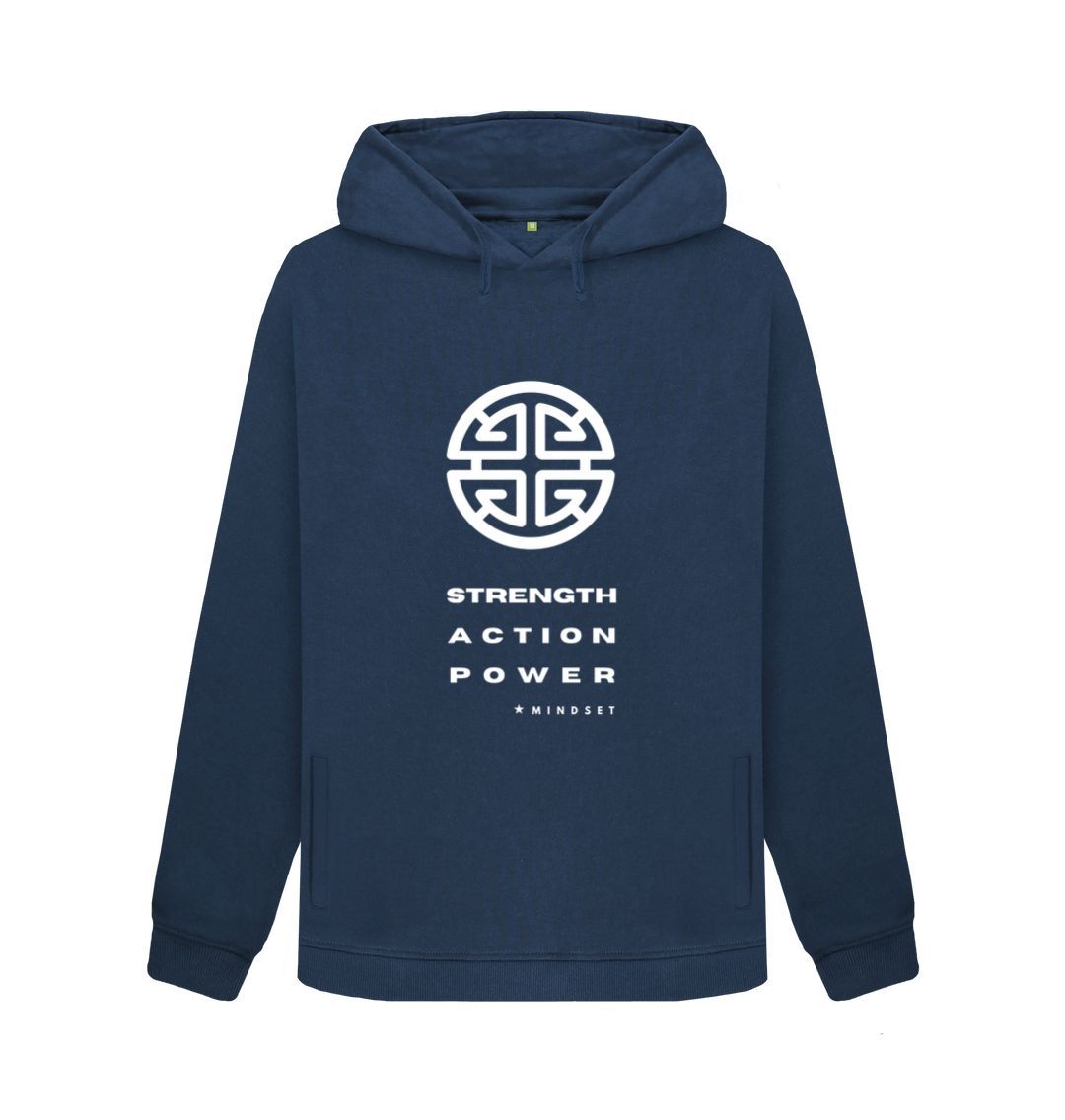 Navy Blue Mindset Collection - Organic Female Hoodie - White Strength, Action, Power