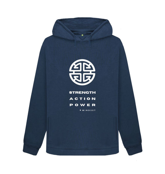 Navy Blue Mindset Collection - Organic Female Hoodie - White Strength, Action, Power