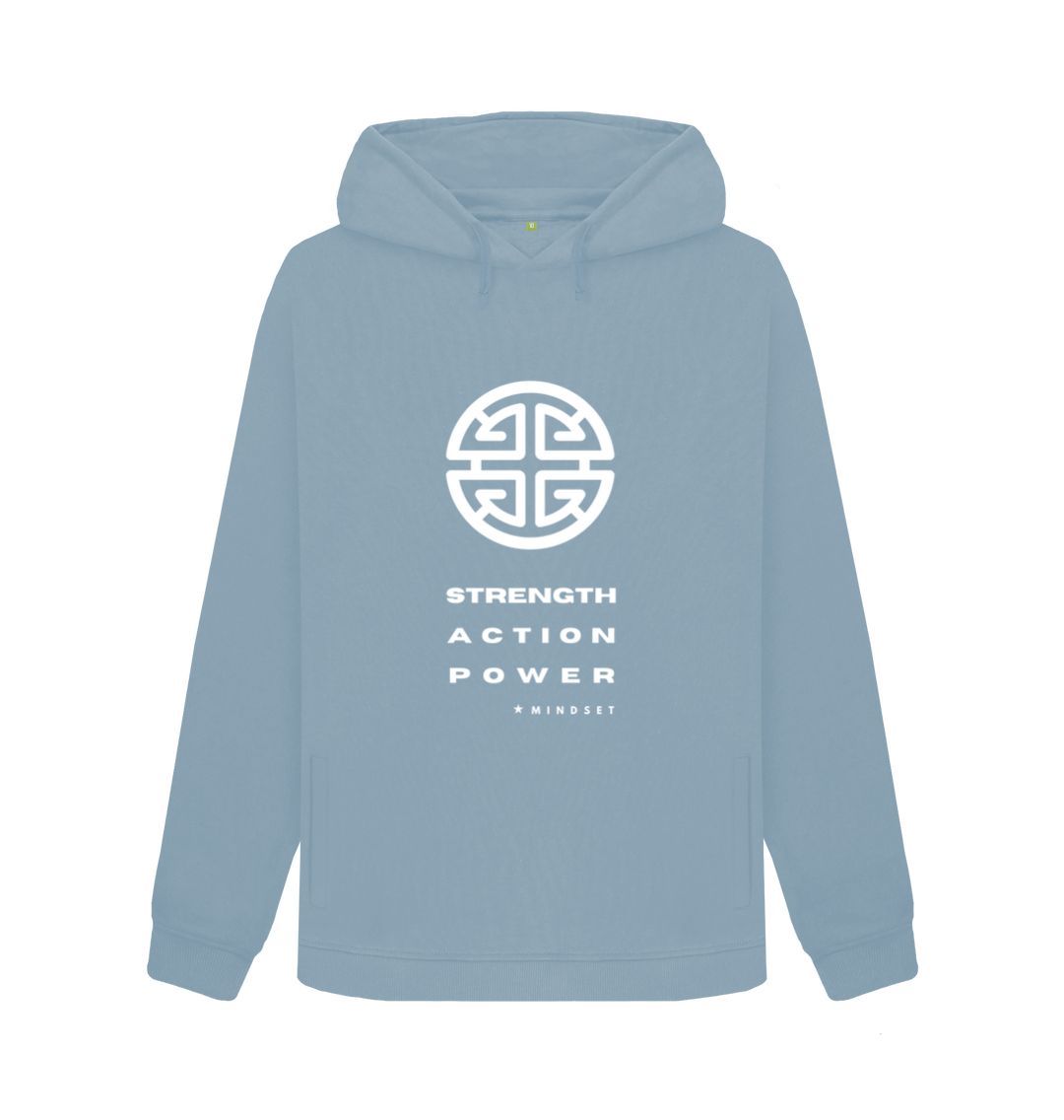 Stone Blue Mindset Collection - Organic Female Hoodie - White Strength, Action, Power